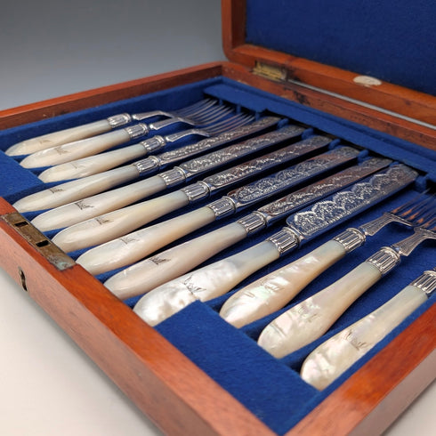 1876 British antique sterling silver blade and white mother of pearl handle cutlery set of 6 in wooden box by James Dixon & Sons